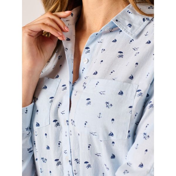 Blue Seaside Print Ladies Shirt Cela