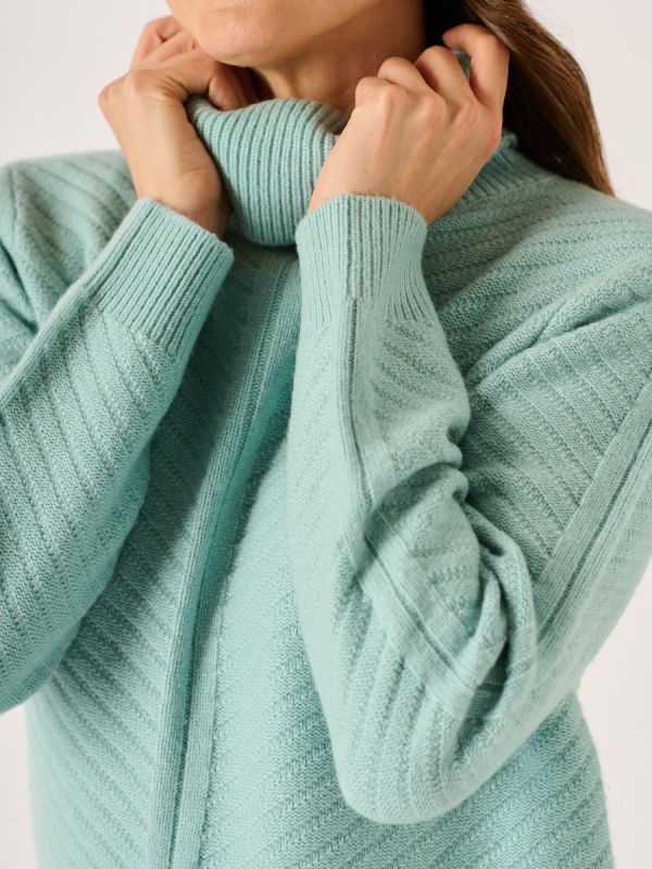 Dusty Aqua Diagonal Stitch Roll Neck Jumper - Amelia