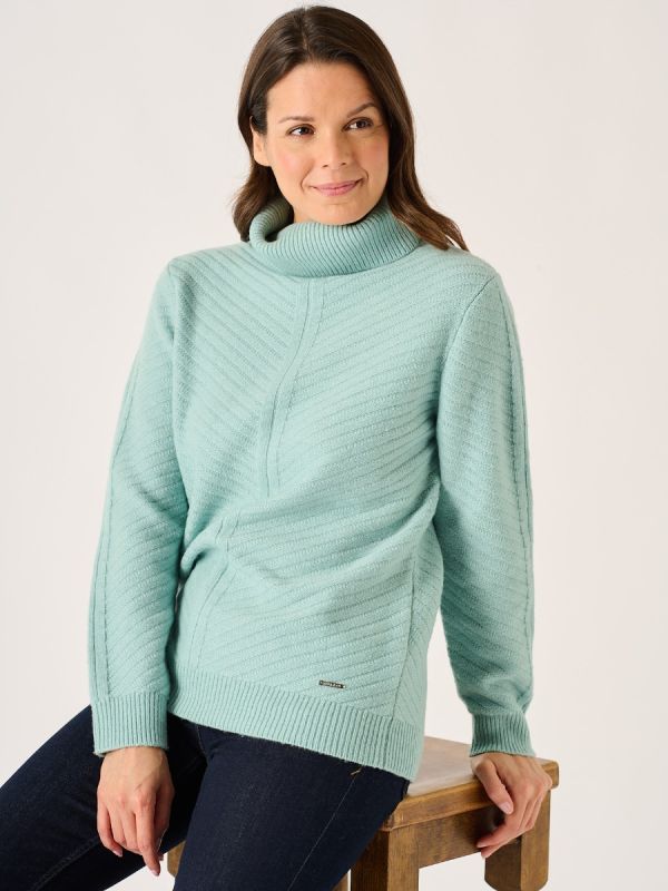 Dusty Aqua Diagonal Stitch Roll Neck Jumper - Amelia