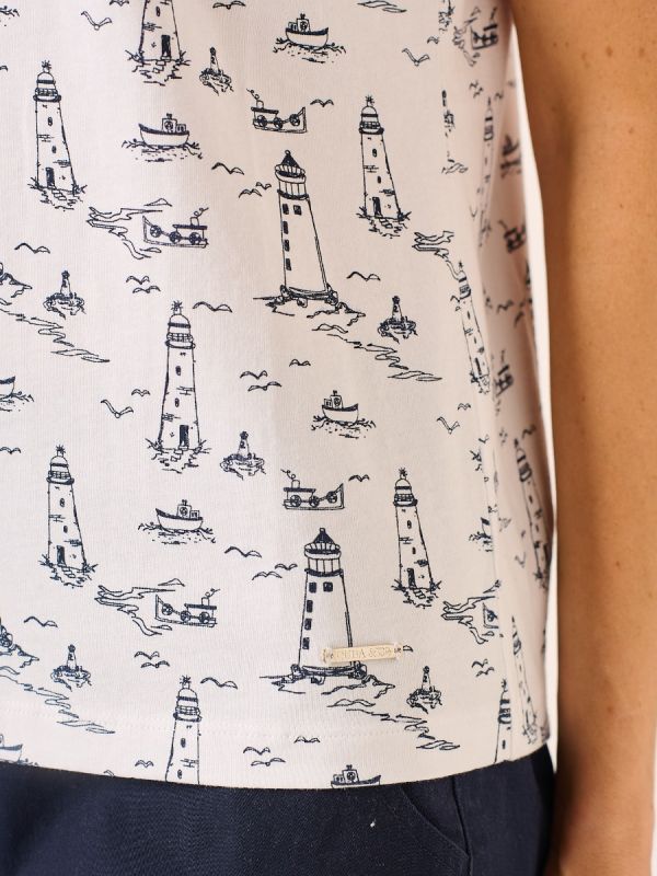 White and Navy Lighthouse Print T-Shirt - Amelia