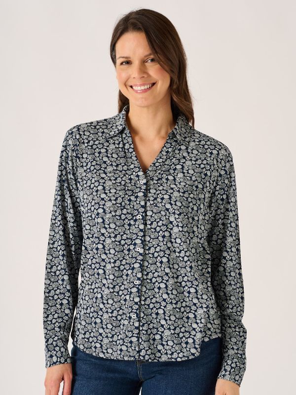 Navy And White Long Sleeve Nautical Print Shirt - Amina