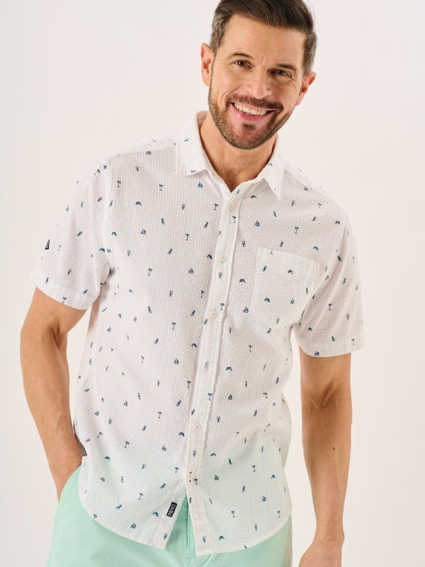 White Nautical Print Seersucker Short Sleeve Shirt - Ashton