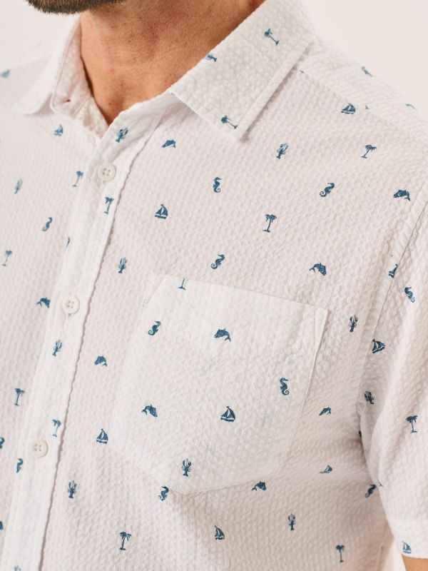 White Nautical Print Seersucker Short Sleeve Shirt - Ashton