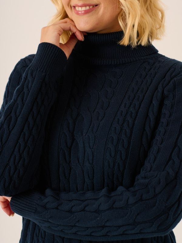 Navy Cable Knit Cotton Roll Neck Jumper Atthena