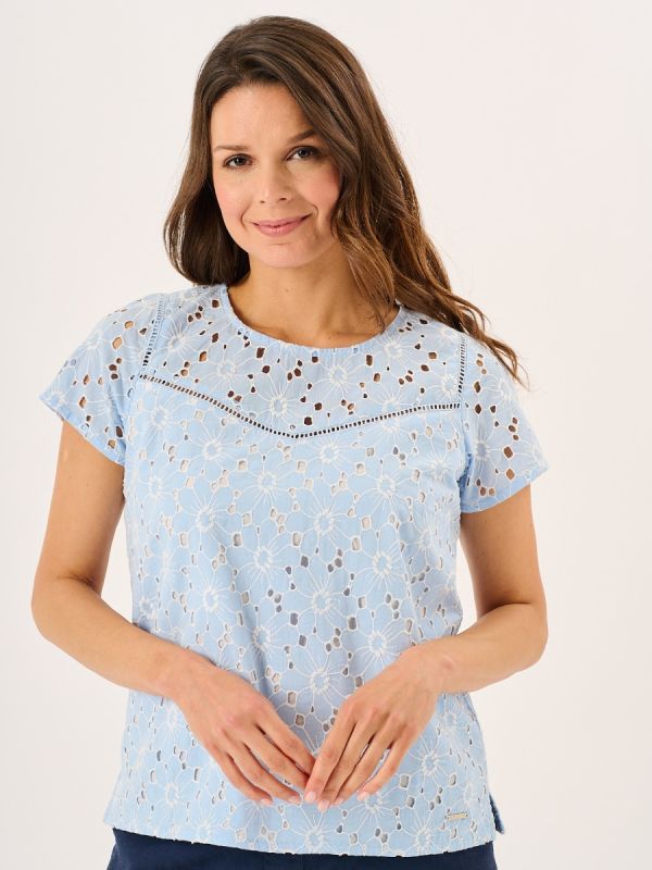 White And Blue Broderie Anglaise Short Sleeve Top - Bethenny