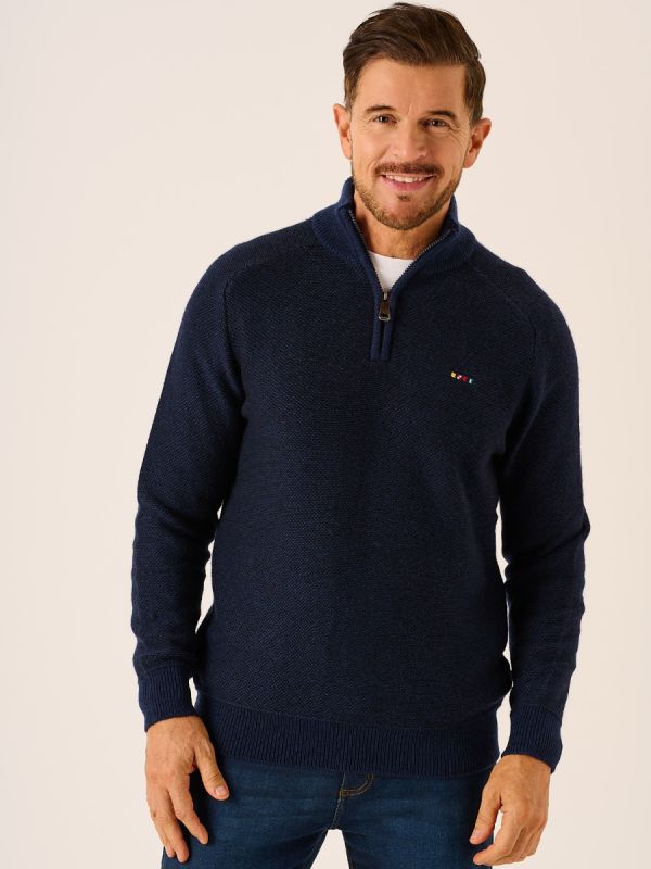 Dark Navy and Blue 1/4 Zip Merino Wool Rich Jumper -Bram