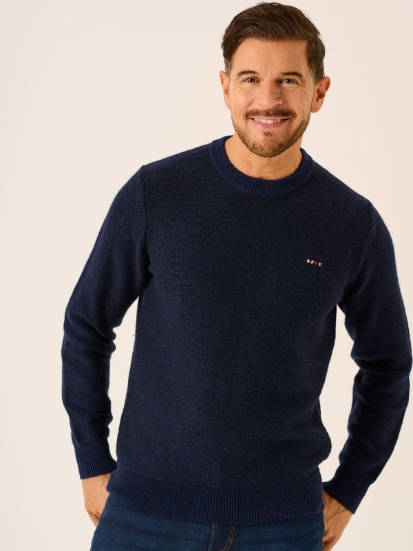 Dark Navy and Blue Merino Wool Rich Crew Neck Jumper -Bramull
