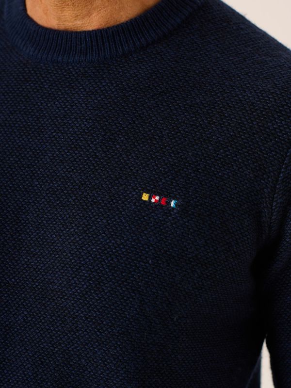 Dark Navy and Blue Merino Wool Rich Crew Neck Jumper -Bramull