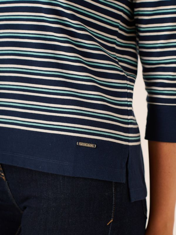 Carley Yarn Dyed 3/4 Sleeved Striped T-Shirt In Navy And White