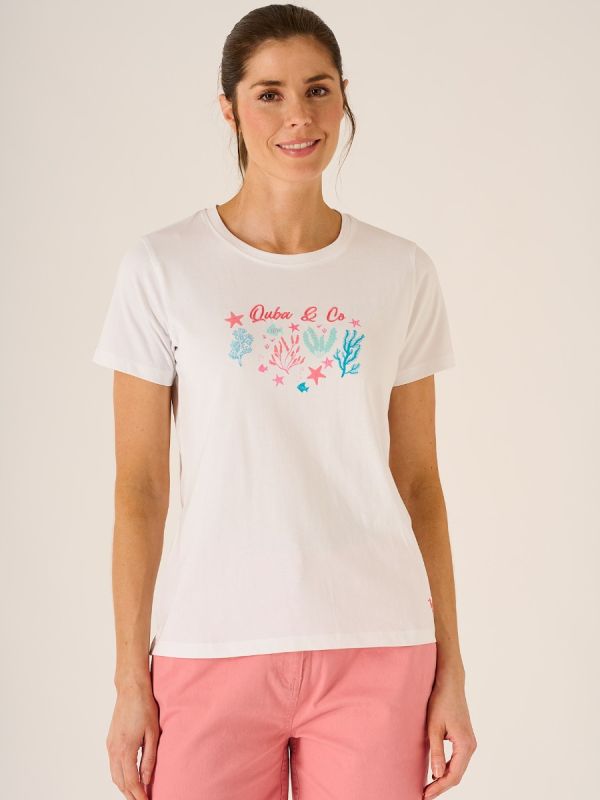 Corinne Coral Print Short Sleeve T-Shirt In White 