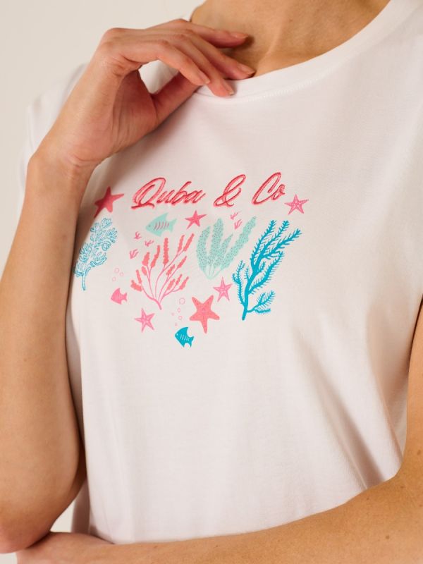 Corinne Coral Print Short Sleeve T-Shirt In White 