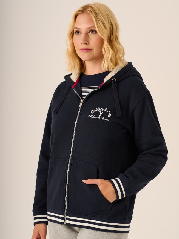 Navy Zip Through Borg Lined Hooded Sweatshirt  - Darcy