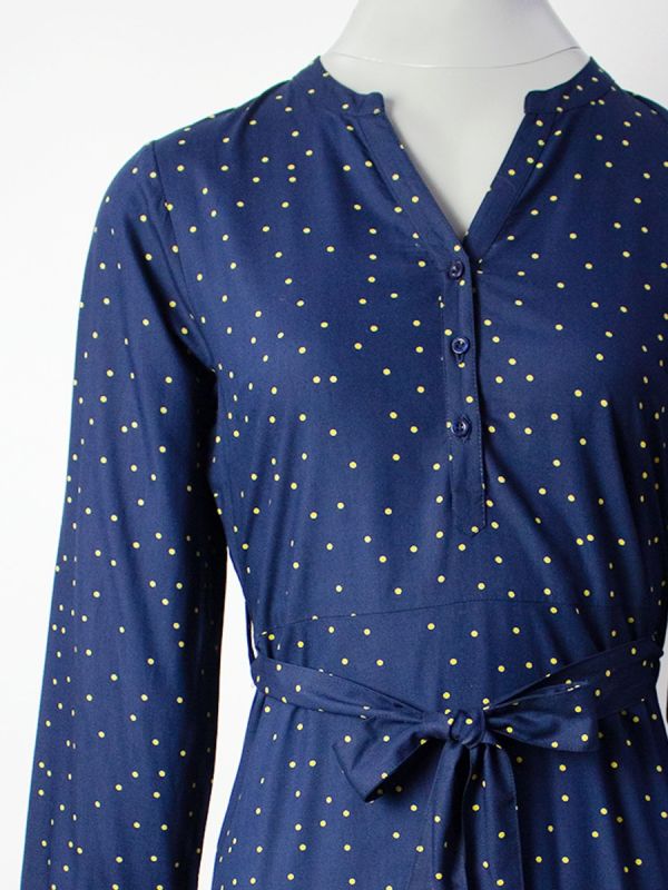 Navy Long Sleeve Spotted Shirt Dress - Dovima