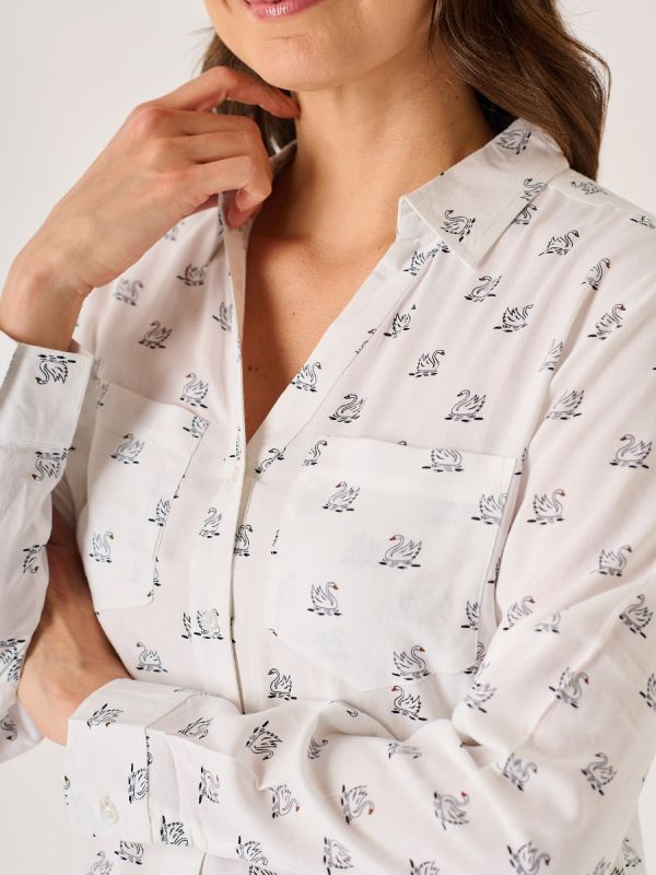 White Long Sleeve Viscose Swan Print Shirt - Dune