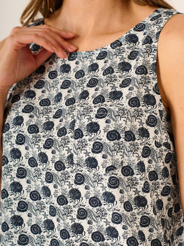 Enid Printed Woven Sleeveless Top With Navy Print 