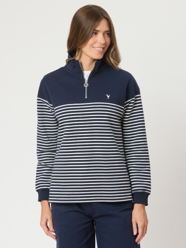Everly Striped 1/4 Zip Sweatshirt In Navy And White Stripe