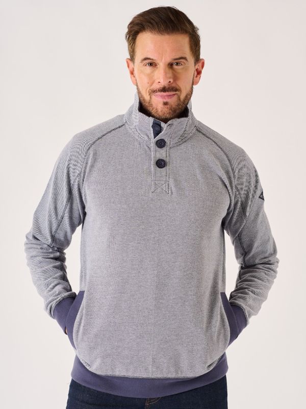 Navy And White Button Neck Sweatshirt - Felson