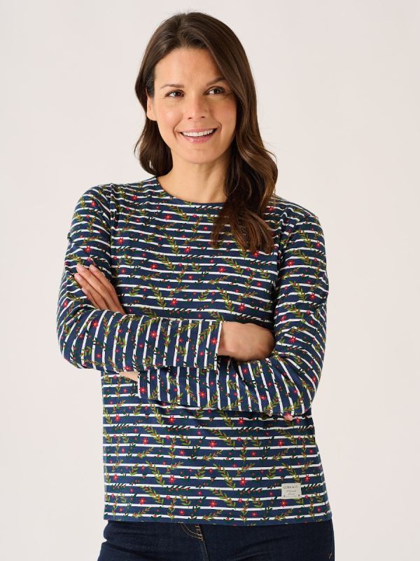 Navy And Multicoloured Floral Print Striped Long Sleeve T-Shirt - Fliss