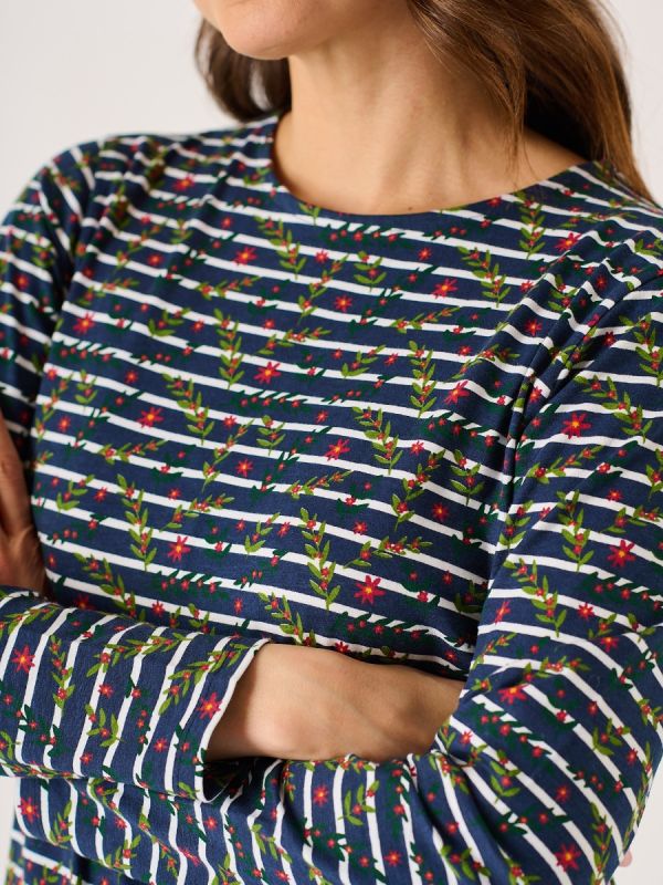 Navy And Multicoloured Floral Print Striped Long Sleeve T-Shirt - Fliss
