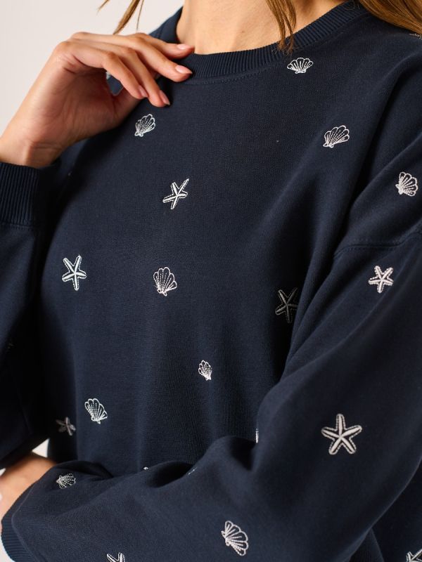 Navy Embroidered Crew Sweatshirt - Gracie