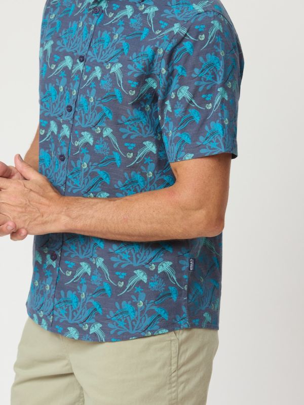 Jeston Jellyfish Print Chambray Shirt In Blue