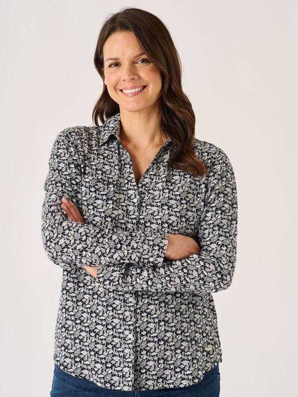 Navy And White Viscose Nautical Print Long Sleeve Shirt - Kelsie