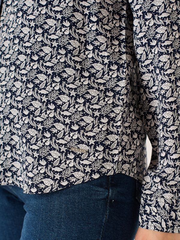 Navy And White Viscose Nautical Print Long Sleeve Shirt - Kelsie