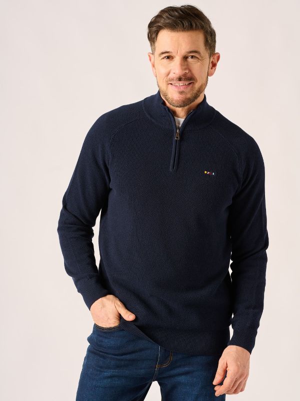 Dark Navy 1/4 Zip Textured Knitted Jumper – Kelson