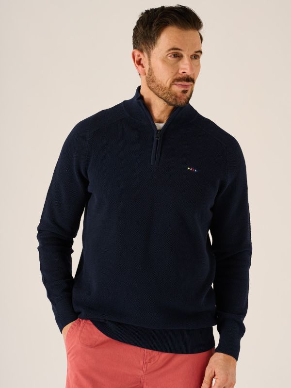 Krafson Textured Knit Zip Neck Jumper In Dark Navy