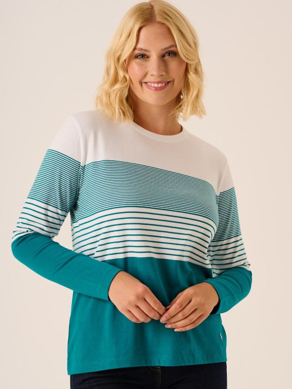 Long Sleeved Striped T-Shirt Teal and White Lenona