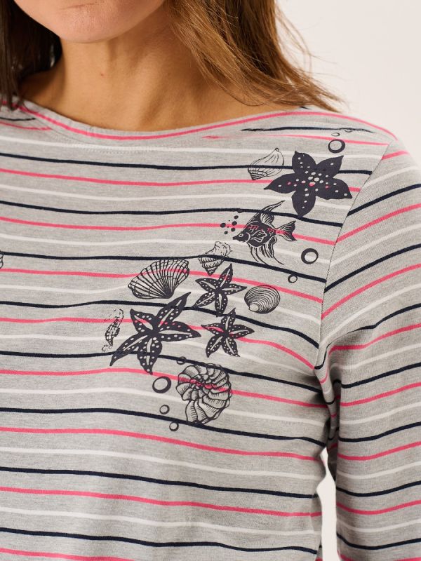 Grey Long Sleeve Nautical Print Striped T-Shirt - Linnet
