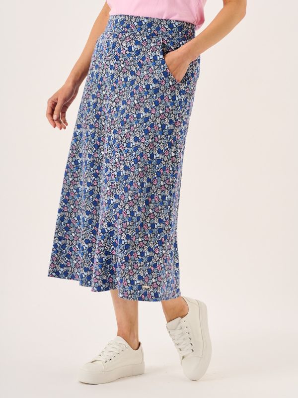 Navy Nautical Print Jersey Midi Skirt - Loulou