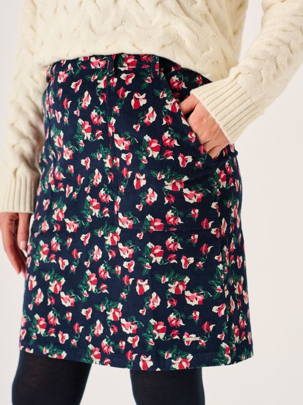 Navy Floral Printed Corduroy Skirt - Medina