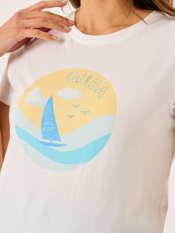 White Quba Boat Print Short Sleeve T-Shirt - Melora