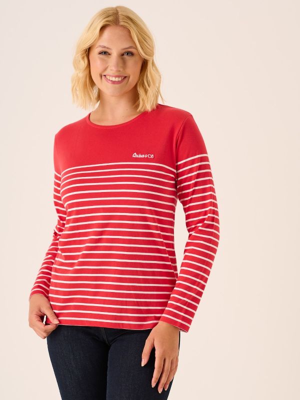 Morgan Long Sleeved Striped T-Shirt In Cherry And White 
