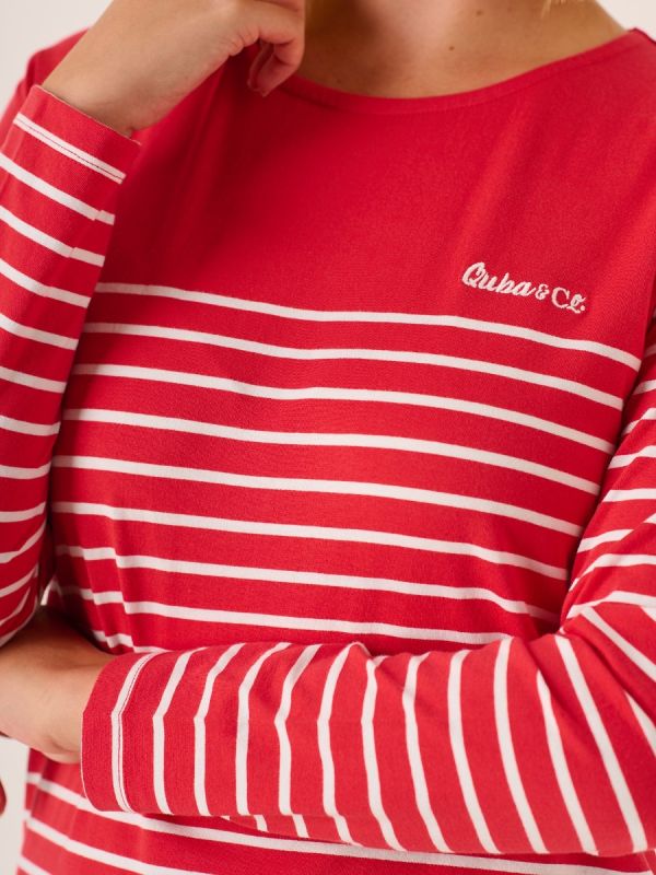 Morgan Long Sleeved Striped T-Shirt In Cherry And White 
