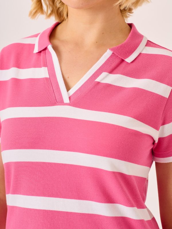 Pink and White Striped Notch Neck Polo Shirt - Polona