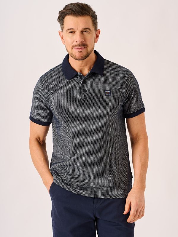 Navy and White Textured Polo Shirt - Pascel