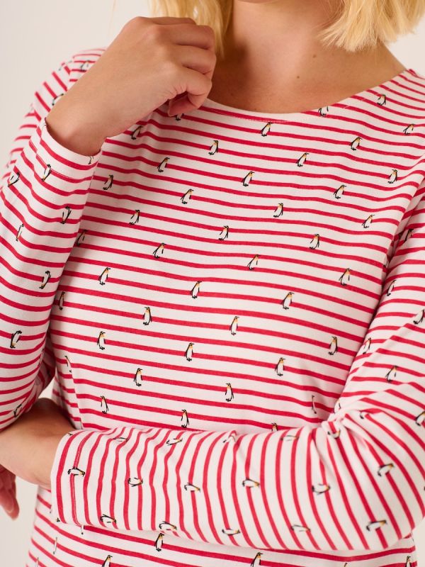Long Sleeved Striped Penguin Printed T-Shirt Cherry and White Pendy
