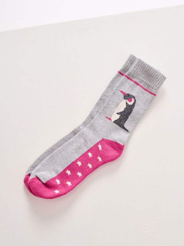 Grey and Pink Penguin Design Bed Socks - Penguin