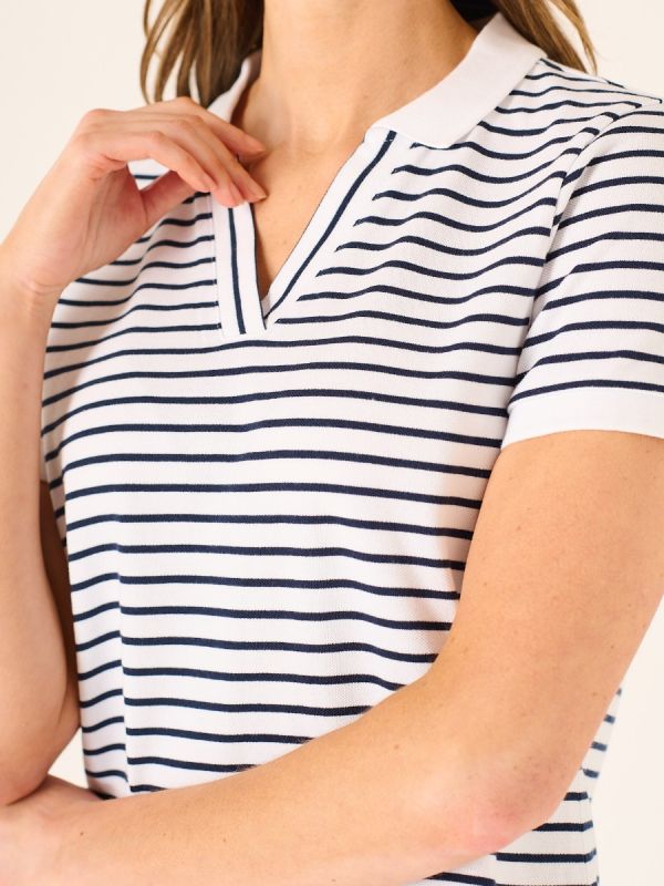 Polina Striped Notch Neck Polo Shirt In White And Navy