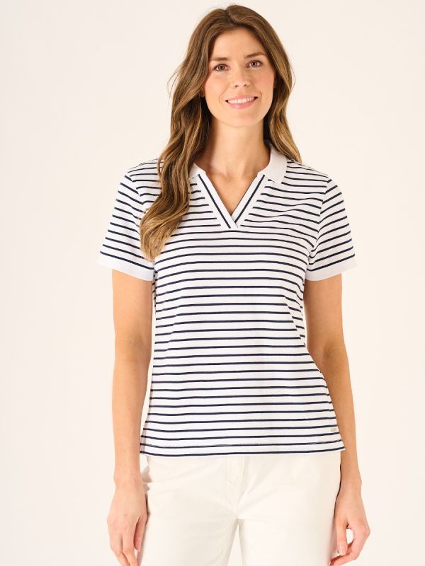 Polina Striped Notch Neck Polo Shirt In White And Navy