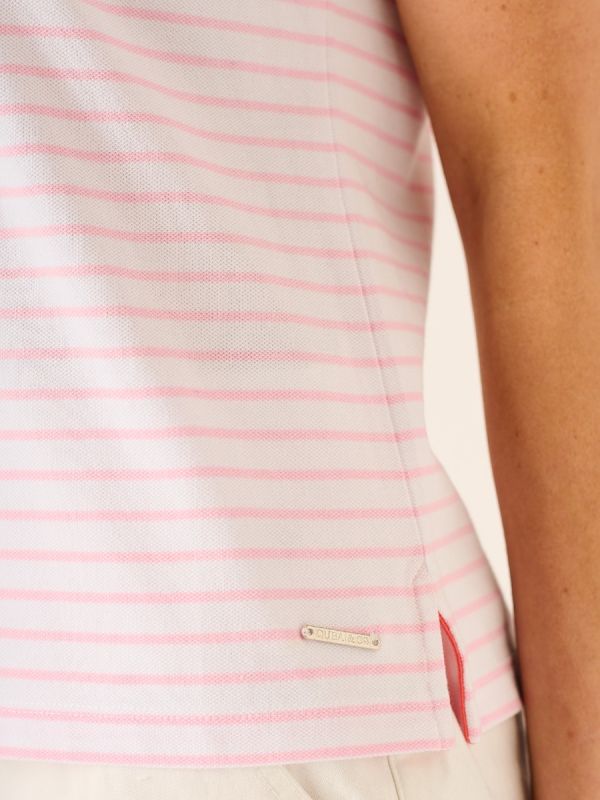 Polina Striped Notch Neck Polo Shirt In White And Pink