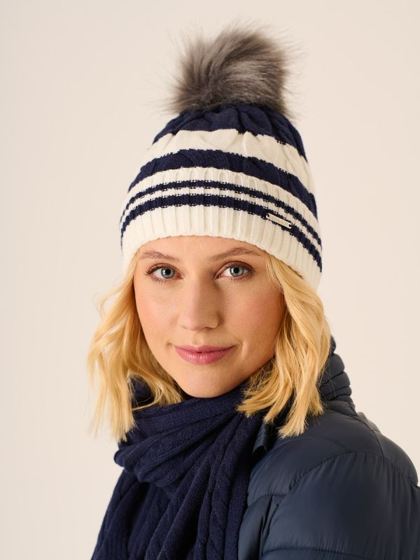 Navy and White Cable Knitted Bobble Hat - Raye 