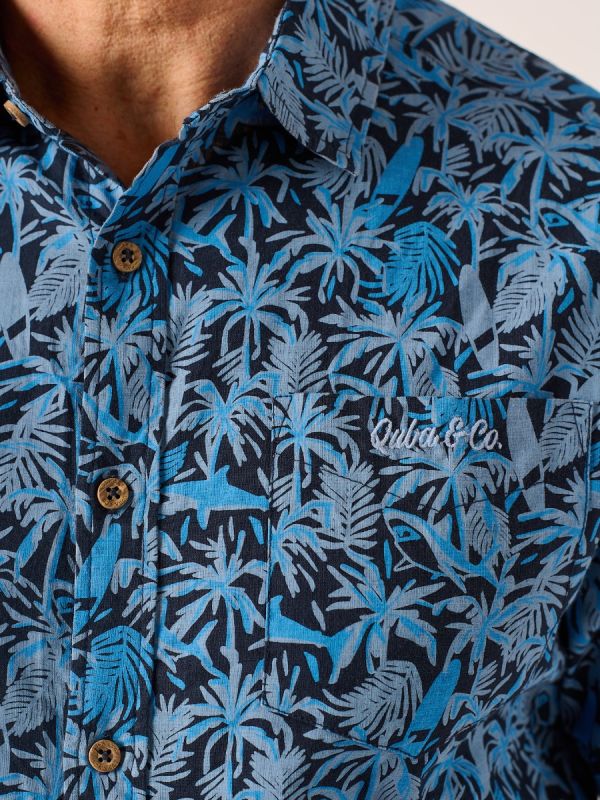 Navy and Blue Palm Tree and Shark Print Shirt - Reflex