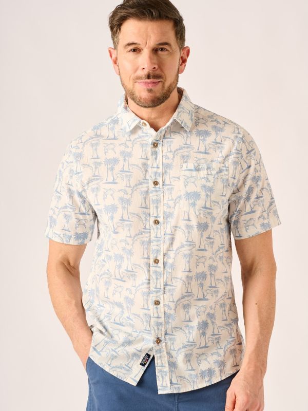 Blue and White Palm Tree and Shark Print Shirt - Shuro 