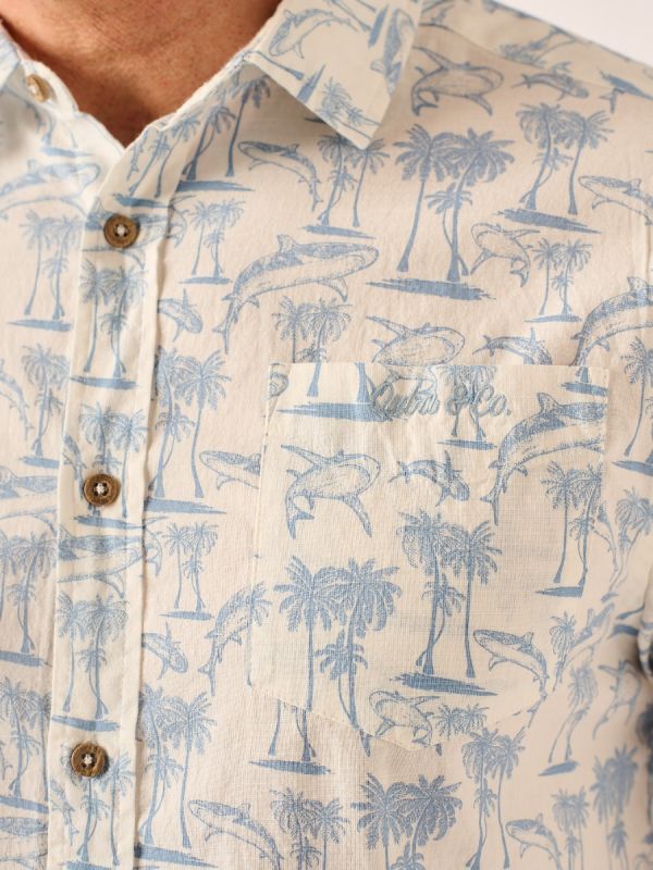 Blue and White Palm Tree and Shark Print Shirt - Shuro 