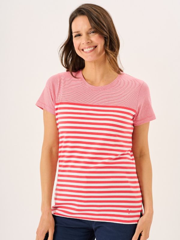 Coral And White Panelled Yarn Dye T-Shirt - Silva