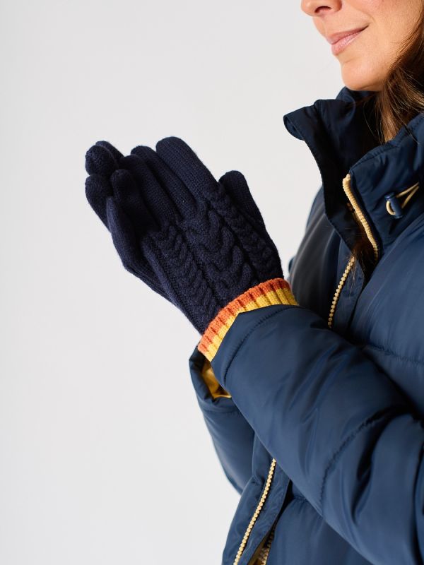Navy Blue and Ochre Cable Knitted Gloves - Skoma