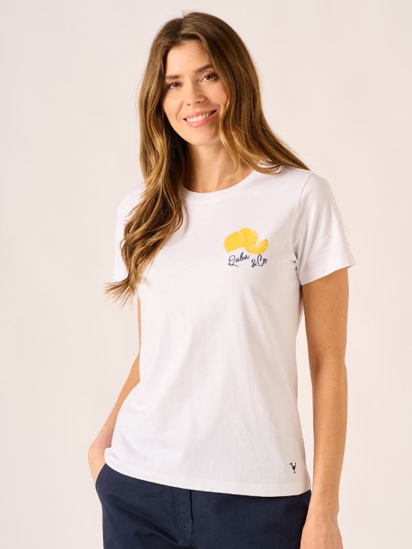 White Lemon Print & Embroidered T-Shirt - Sunny